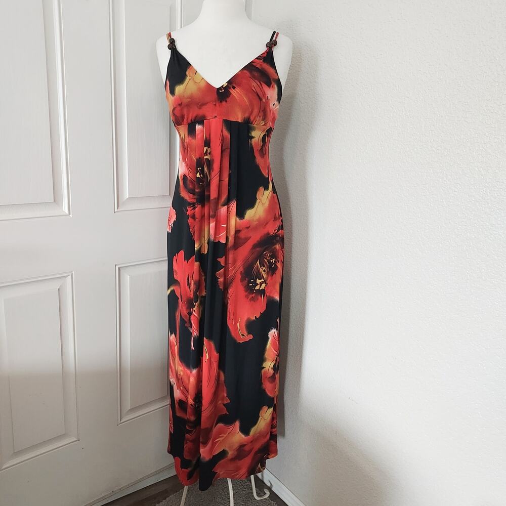 Fire Red Floral V-Neck Spaghetti Strap Maxi Dress